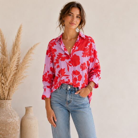 Halogen Tops - Halogen Button-Up Blouse Women's Size 1 (L) Pink Orange Floral Maximalist Boho